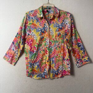 Lauren Ralph Lauren top blouse sz L  Floral Cotton Button Up bright Multicolor